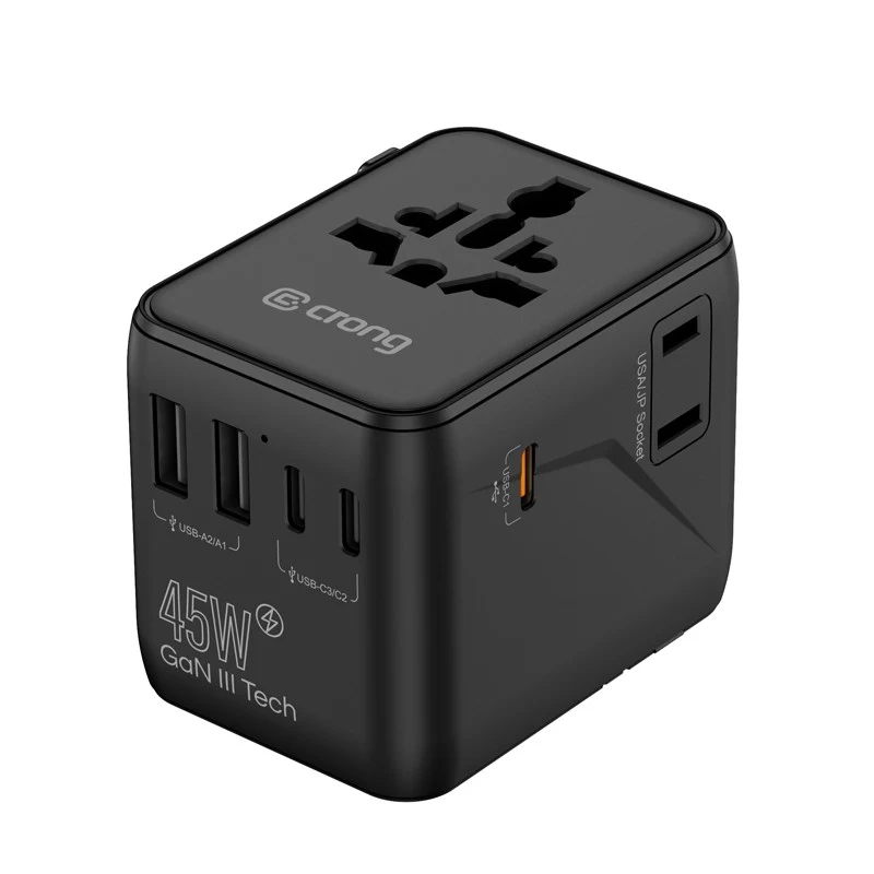 Crong One World kelioninis adapteris GaN 45W UK/EU/US/AU juodas