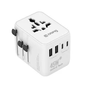 Crong One World kelioninis adapteris GaN 45W UK/EU/US/AU baltas