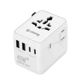 Crong One World kelioninis adapteris GaN 45W UK/EU/US/AU baltas