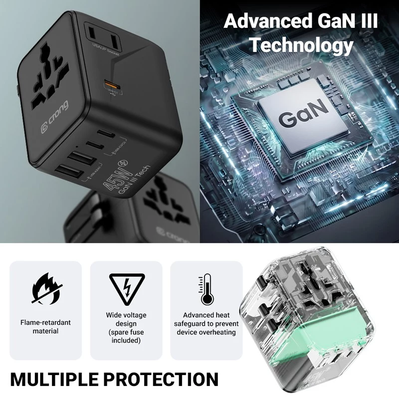 Crong One World kelioninis adapteris GaN 45W UK/EU/US/AU baltas