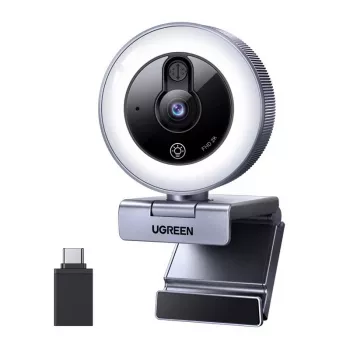 UGREEN 2K QHD internetinė kamera su LED apšvietimu ir įmontuotu mikrofonu, 30fps, USB 2.0, automatinis fokusavimas, 80° matymo laukas, su segtuku ir trikojo laikikliu, juoda