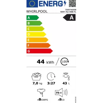 Whirlpool WAM762WBBPL 7 kg 1200 aps/min skalbimo mašina su 6th Sense technologija, FreshCare+, Clean+, 14 programų, LED ekranu, vaikų užraktu, atidėtu paleidimu, energijos klasė C, balta