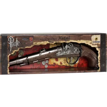 PULIO Gonher Metal Pirate Gun Žaislinis pistoletas su kapsulėmis, liejamo metalo ir plastiko, 8 šūvių žiedinės kapsulės, juoda/pilka su rudom rankena, nuo 8 metų