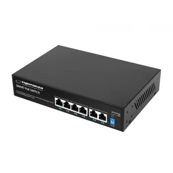 ESPERANZA 6 prievadų PoE+ Gigabit komutatorius 65W GOLIATH (4 PoE+ prievadai, 2 uplinkai, 12 Gbps, be ventiliatoriaus, metalinis)