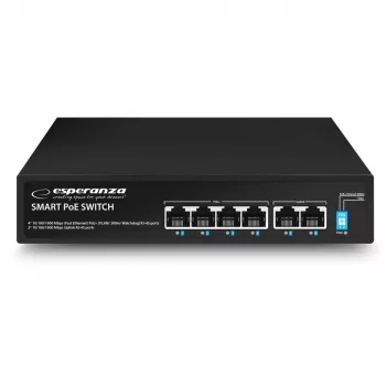ESPERANZA 6 prievadų PoE+ Gigabit komutatorius 65W GOLIATH (4 PoE+ prievadai, 2 uplinkai, 12 Gbps, be ventiliatoriaus, metalinis)