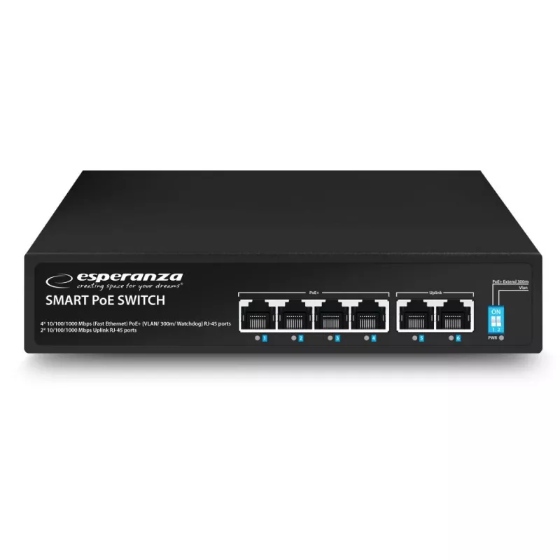 ESPERANZA 6 prievadų PoE+ Gigabit komutatorius 65W GOLIATH (4 PoE+ prievadai, 2 uplinkai, 12 Gbps, be ventiliatoriaus, metalinis)