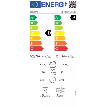 Gorenje WDG2PS954A1D2/PL skalbimo džiovinimo mašina, 9 kg skalbimas / 6 kg džiovinimas, 1400 aps./min., A energijos klasė, balta