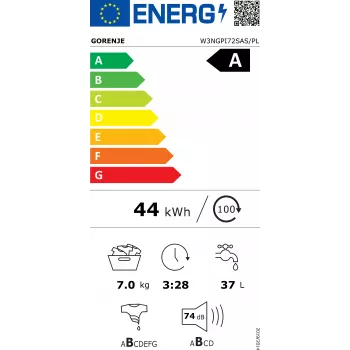 Gorenje W3NGPI72SAS/PL 7 kg 1200 aps./min laisvai pastatoma skalbimo mašina su SteamTech ir inverteriniu PowerDrive varikliu