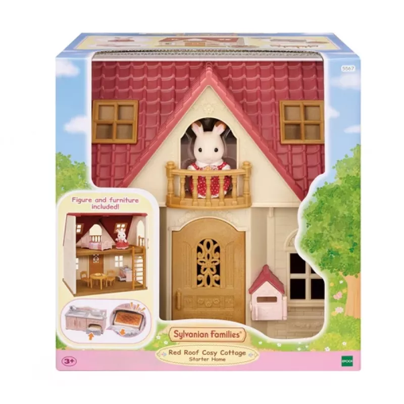 EPOCH Sylvanian Families pradinis namas - Raudono stogo serijos lėlių namelis su Freya Chocolate Rabbit ir 10 baldų detalių