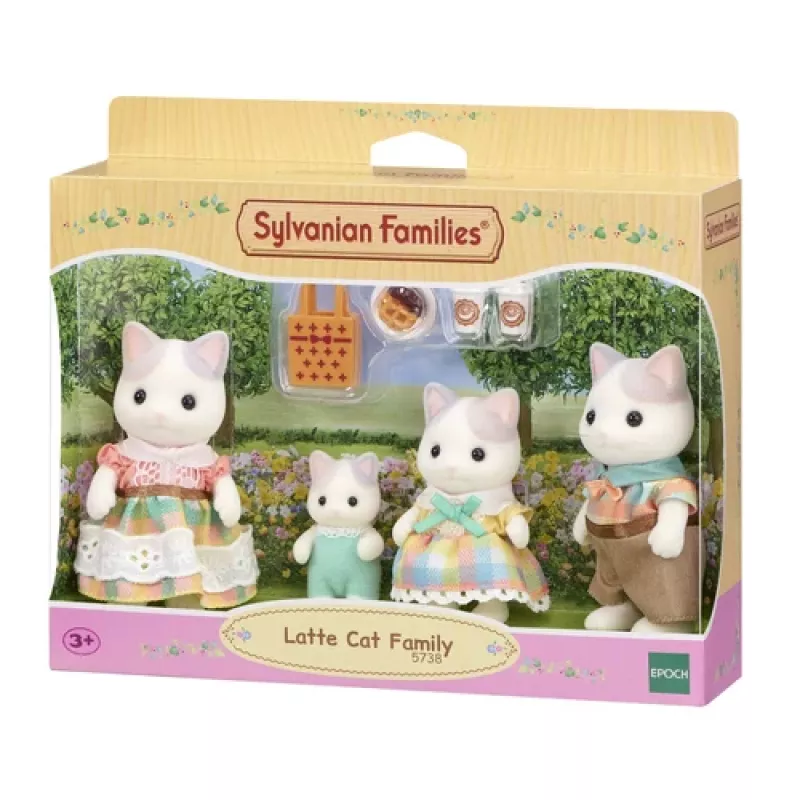EPOCH Sylvanian Families Milk Cat Family - 4 kolekcinės figūrėlės su floku (Tėtis Cyrus, Mama Stella, Sūnus Freddie, Dukra Millie) nuo 3 metų