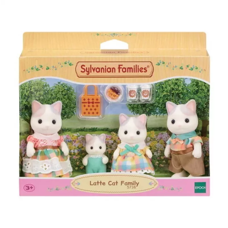EPOCH Sylvanian Families Milk Cat Family - 4 kolekcinės figūrėlės su floku (Tėtis Cyrus, Mama Stella, Sūnus Freddie, Dukra Millie) nuo 3 metų