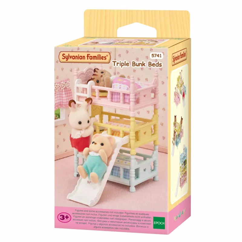 EPOCH Sylvanian Families Trigubos lovos - Lėlių namelio baldai, 3 pakopos, balta su rožiniais akcentais, su kopėčiomis ir 3 čiužiniais, kūdikių figūrėlėms, nuo 3 metų