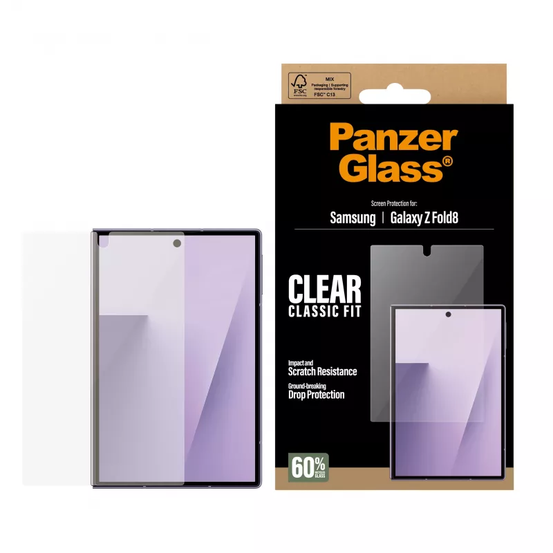 PanzerGlass ClassicFit ekrano apsauga, skirta Samsung Galaxy Z Fold8 – grūdintas stiklas, 9H, antibakterinė, suderinama su dėklu