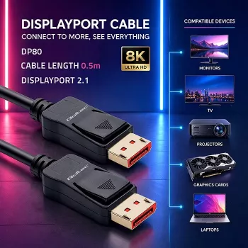 QOLTEC DisplayPort kabelis M/M v2.1 54G 0,5 m