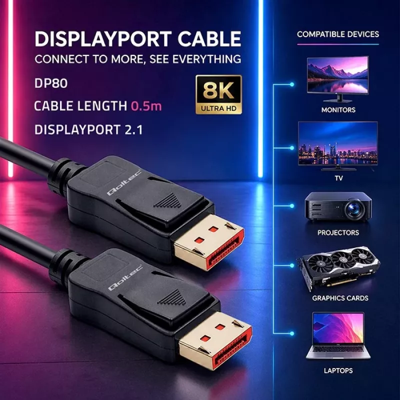QOLTEC DisplayPort kabelis M/M v2.1 54G 0,5 m