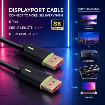 QOLTEC DisplayPort kabelis M/M v2.1 80G 1,5m juodas