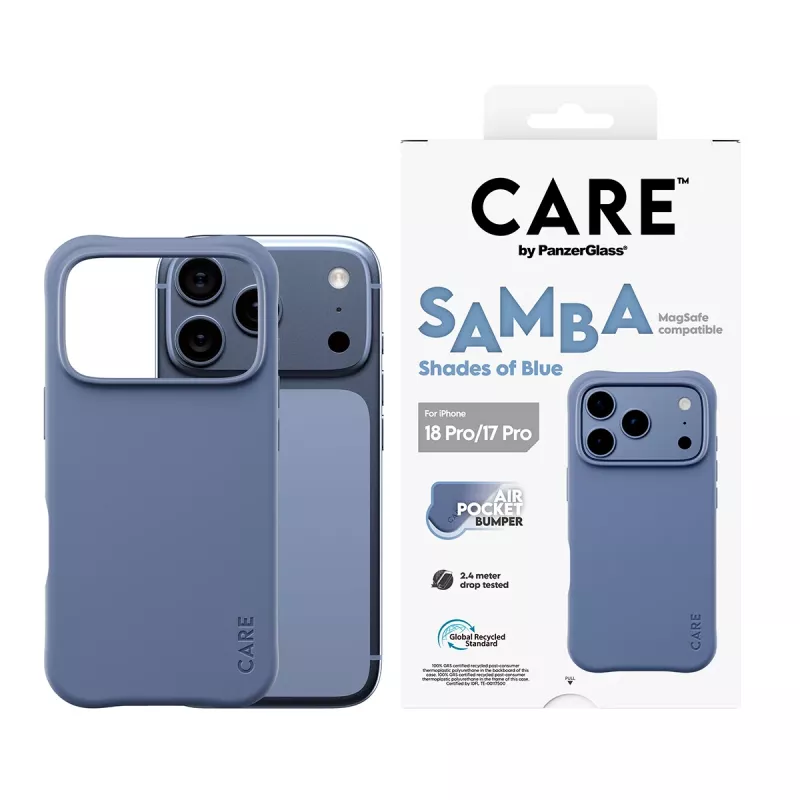 CARE by PanzerGlass Samba dėklas, skirtas iPhone 17 Pro / 18 Pro – mėlynų atspalvių, MagSafe, perdirbtas TPU, antibakterinis, 3,6 m kritimo apsauga
