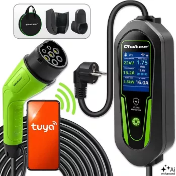 Qoltec nešiojamas EV įkroviklis Type 2 į Schuko 3.5kW 16A 5m laidas su Wi-Fi ir LCD