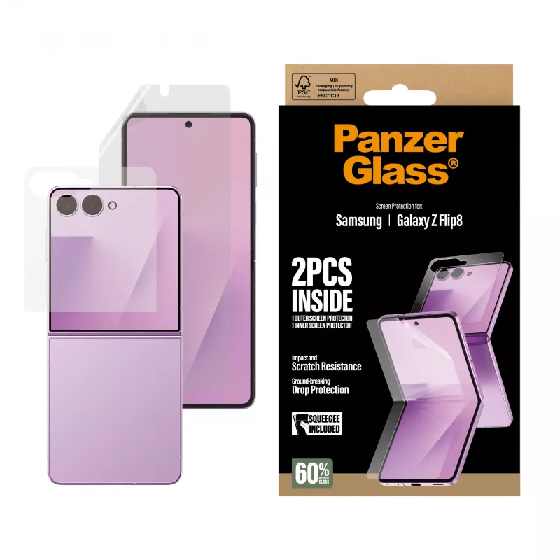 PanzerGlass PG65143 Samsung Galaxy Z Flip5 pagrindinio ekrano grūdinto stiklo apsauginė plėvelė su TPU plėvele
