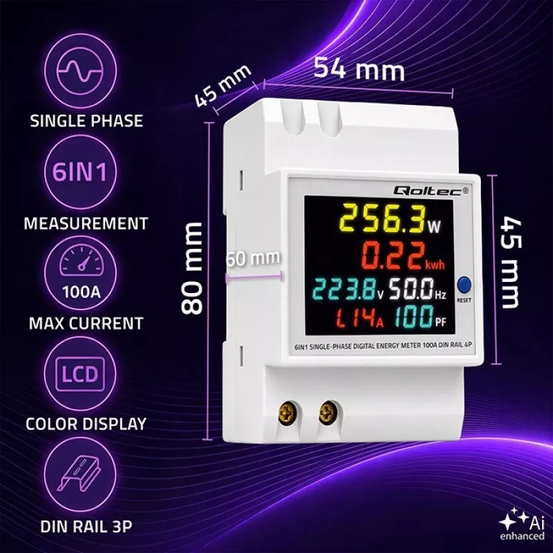 Qoltec vienfazis 6-in-1 DIN bėgio energijos skaitiklis su 100A CT, 230V, LCD, impulsine išvestimi
