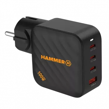 HAMMER RapidCharge 100W GaN sieninis įkroviklis, 2x USB-C PD 100W + 1x USB-A QC 30W, juodos spalvos