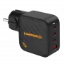 HAMMER RapidCharge 100W GaN sieninis įkroviklis, 2x USB-C PD 100W + 1x USB-A QC 30W, juodos spalvos