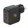 HAMMER RapidCharge 100W GaN sieninis įkroviklis, 2x USB-C PD 100W + 1x USB-A QC 30W, juodos spalvos