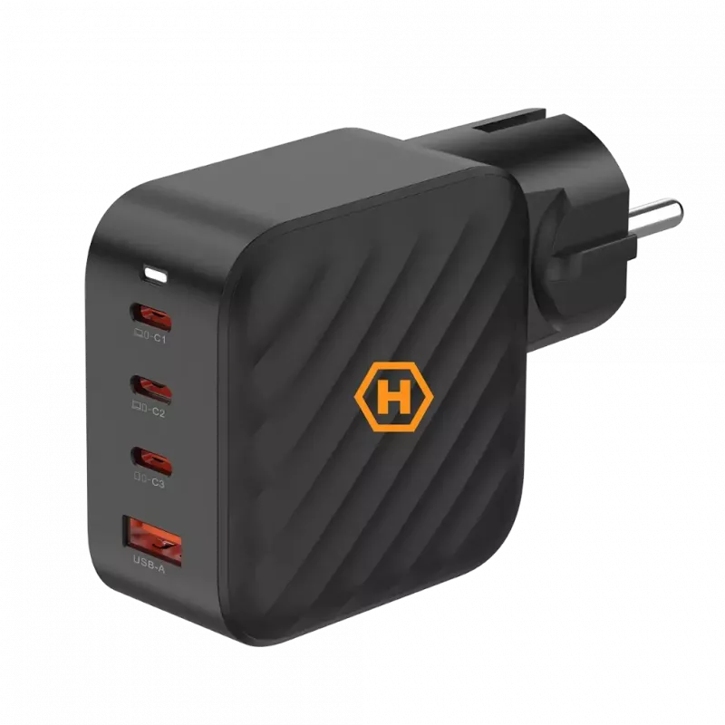 HAMMER RapidCharge 100W GaN sieninis įkroviklis, 2x USB-C PD 100W + 1x USB-A QC 30W, juodos spalvos