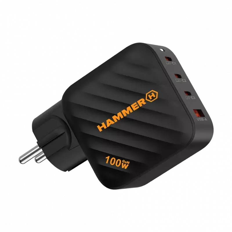HAMMER RapidCharge 100W GaN sieninis įkroviklis, 2x USB-C PD 100W + 1x USB-A QC 30W, juodos spalvos