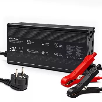 Qoltec LiFePO4 akumuliatoriaus įkroviklis 12V 30A su LED indikatoriais ir intelektualiu 3 pakopų įkrovimu