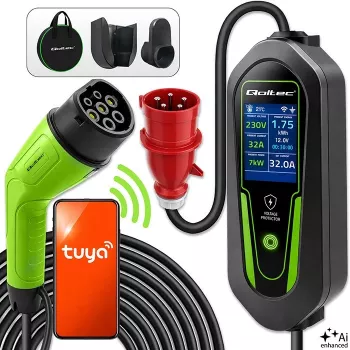Qoltec Type 2 EV įkroviklis su reguliuojama srove, 7 kW, 230 V, CEE 32 A, Wi-Fi, Tuya Smart Life, LCD, 5 m kabelis