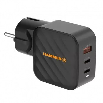 HAMMER RapidCharge 65W GaN sieninis įkroviklis - 2x USB-C PD, 1x USB-A QC, juodos spalvos