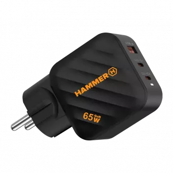 HAMMER RapidCharge 65W GaN sieninis įkroviklis - 2x USB-C PD, 1x USB-A QC, juodos spalvos