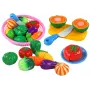 LEAN TOYS Velcro daržovės krepšelyje – 8 dalių žaidimų maisto rinkinys su lėkšte ir peiliu