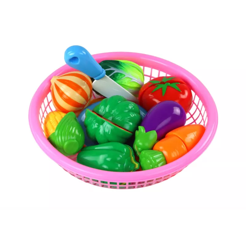 LEAN TOYS Velcro daržovės krepšelyje – 8 dalių žaidimų maisto rinkinys su lėkšte ir peiliu
