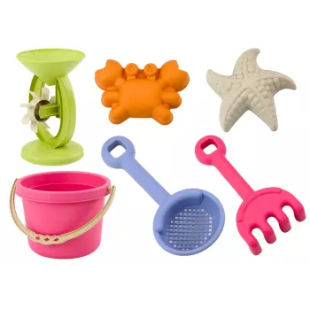 LEAN TOYS smėlio žaislų rinkinys - kibirėlis, malūnėlis, sietelis, 3 pastelinės formelės (6 vnt.)