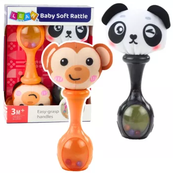LEAN TOYS Barškučių rinkinys su minkštais kamuoliukais, beždžionės ir pandos raštais, 2 vnt.