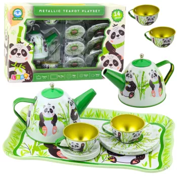 LEAN TOYS Panda Green Metal Tea Set 14-Piece | Vaikų skardinis arbatinukas, puodeliai, lėkštutės, lėkštės ir padėklas | Vaidmenų žaidimų virtuvės žaislas nuo 3 metų
