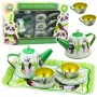 LEAN TOYS Panda Green Metal Tea Set 14-Piece | Vaikų skardinis arbatinukas, puodeliai, lėkštutės, lėkštės ir padėklas | Vaidmenų žaidimų virtuvės žaislas nuo 3 metų