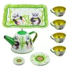 LEAN TOYS Panda Green Metal Tea Set 14-Piece | Vaikų skardinis arbatinukas, puodeliai, lėkštutės, lėkštės ir padėklas | Vaidmenų žaidimų virtuvės žaislas nuo 3 metų
