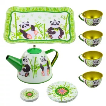 LEAN TOYS Panda Green Metal Tea Set 14-Piece | Vaikų skardinis arbatinukas, puodeliai, lėkštutės, lėkštės ir padėklas | Vaidmenų žaidimų virtuvės žaislas nuo 3 metų