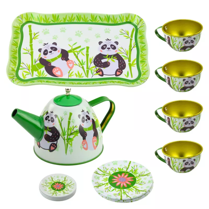 LEAN TOYS Panda Green Metal Tea Set 14-Piece | Vaikų skardinis arbatinukas, puodeliai, lėkštutės, lėkštės ir padėklas | Vaidmenų žaidimų virtuvės žaislas nuo 3 metų