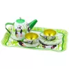 LEAN TOYS Panda Green Metal Tea Set 14-Piece | Vaikų skardinis arbatinukas, puodeliai, lėkštutės, lėkštės ir padėklas | Vaidmenų žaidimų virtuvės žaislas nuo 3 metų