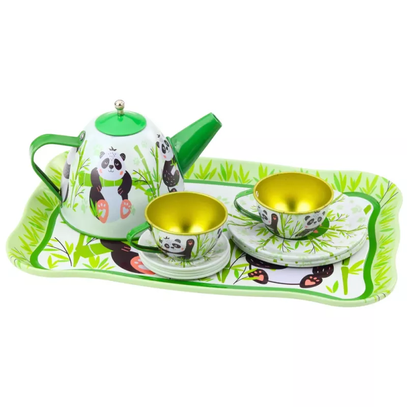 LEAN TOYS Panda Green Metal Tea Set 14-Piece | Vaikų skardinis arbatinukas, puodeliai, lėkštutės, lėkštės ir padėklas | Vaidmenų žaidimų virtuvės žaislas nuo 3 metų