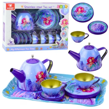 LEAN TOYS vaikų metalinis arbatos servizas su puodeliais, arbatinuku ir padėklu Undinėlė