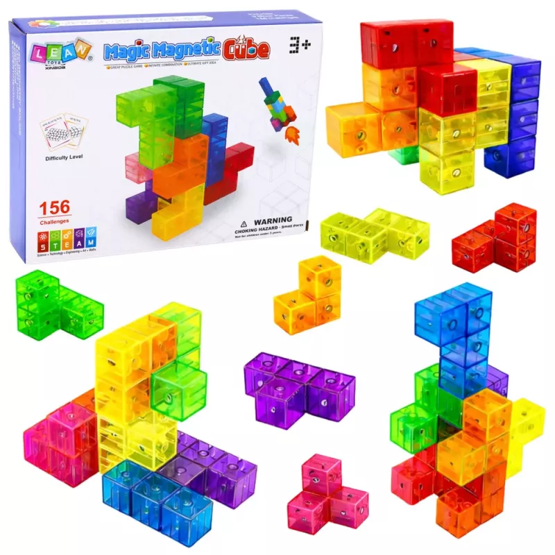 LEAN TOYS Magnetiniai blokeliai Magic Cube Puzzle 156 užduočių kortelės 9 vnt.