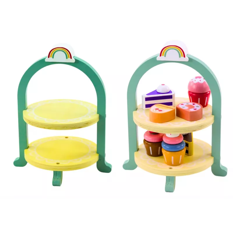 LEAN TOYS Saldumynų rinkinys su pyragaičiais, keksiukais ir mediniu stovu