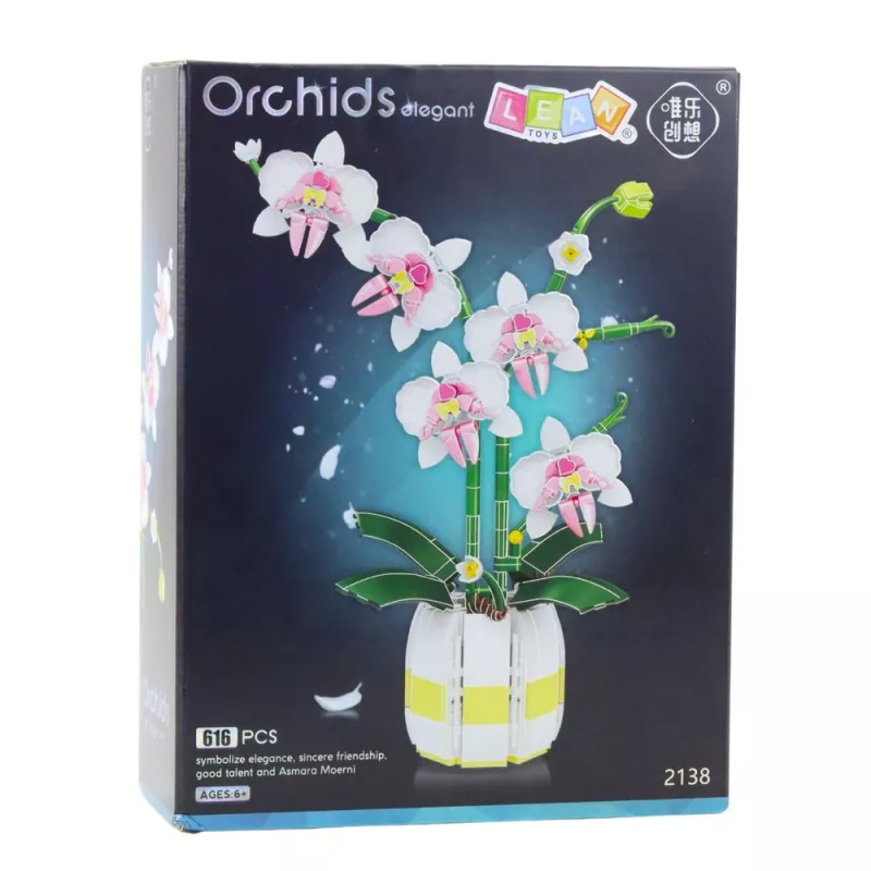 LEAN TOYS Orchidėjos konstrukciniai blokeliai Orchidėja vazone rožinė ir balta 616 vnt.