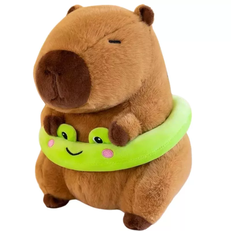 LEAN TOYS Minkštas kapibara su žaliu gelbėjimosi ratu ir varle, ruda, 20 cm
