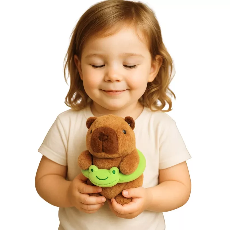 LEAN TOYS Minkštas kapibara su žaliu gelbėjimosi ratu ir varle, ruda, 20 cm